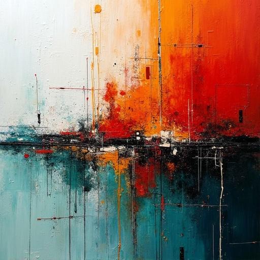 Abstract acrylic painting features a blend of vibrant colors including red, orange, and blue. The texture creates a visually engaging background with geometric patterns. It emphasizes contemporary styles and artistic expression.