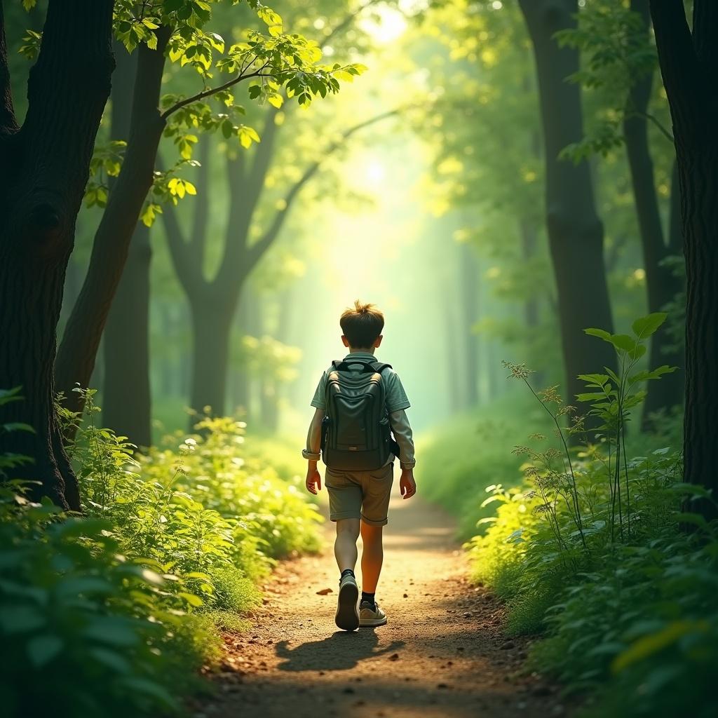 Young person walking on forest path surrounded by trees. Sunlight filters through branches creating a serene atmosphere. Individual carries backpack suggesting adventure. Vibrant greenery and soft shadows embody peace and reflection.