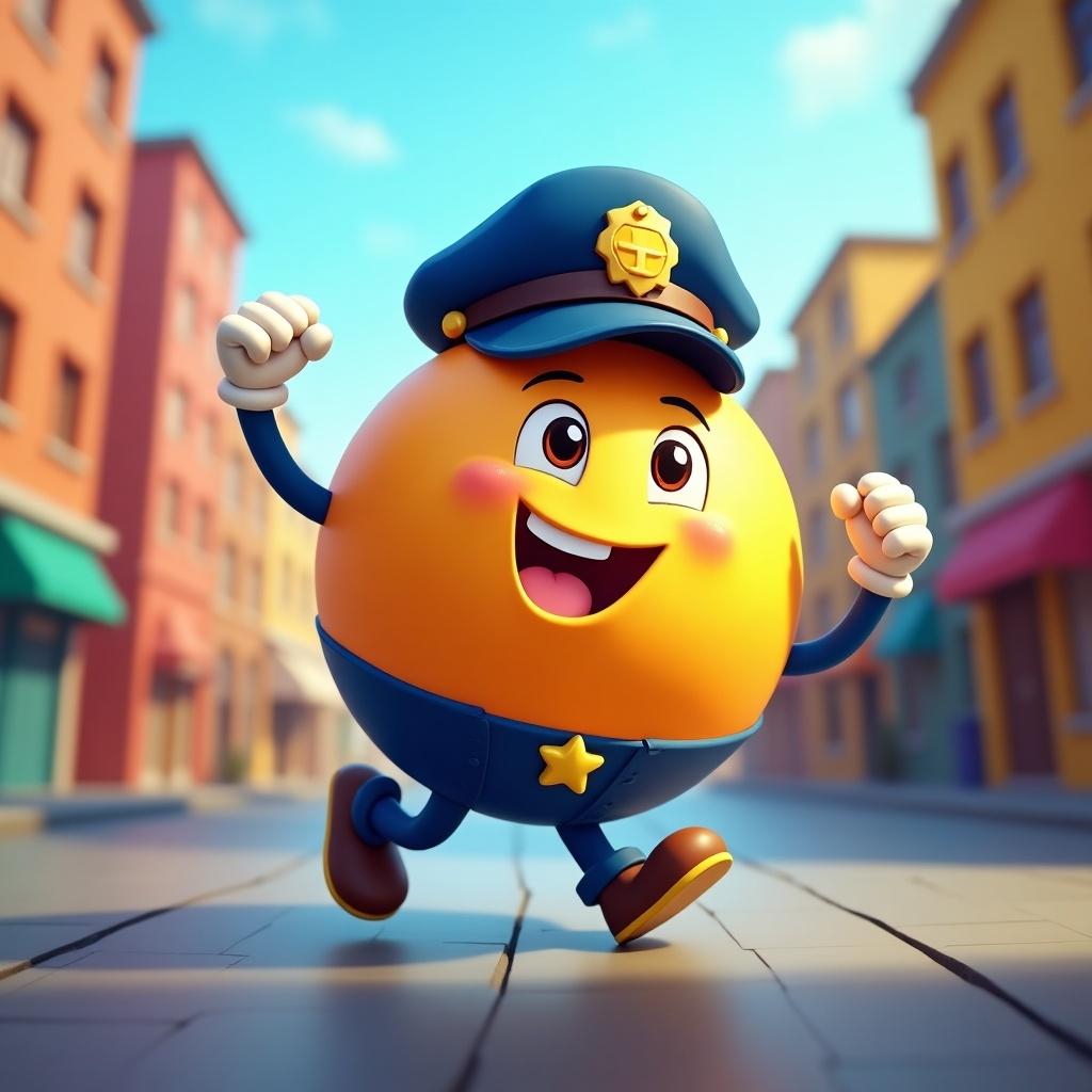 A police sphere with cartoonish traits. The character appears happy and energetic. It showcases a sunny day atmosphere with colorful buildings.