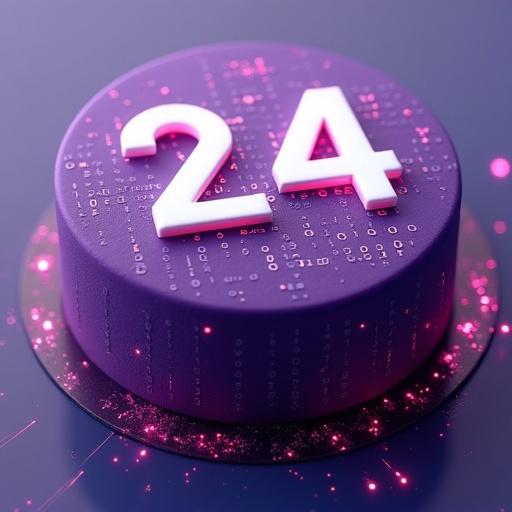 Overhead view of minimalist bento cake with vivid purple matte frosting and '24 level' in pixel font. Surface covered with binary digits in matrix alignment. Glowing circuit board aesthetic and digital glitches. 3D render.