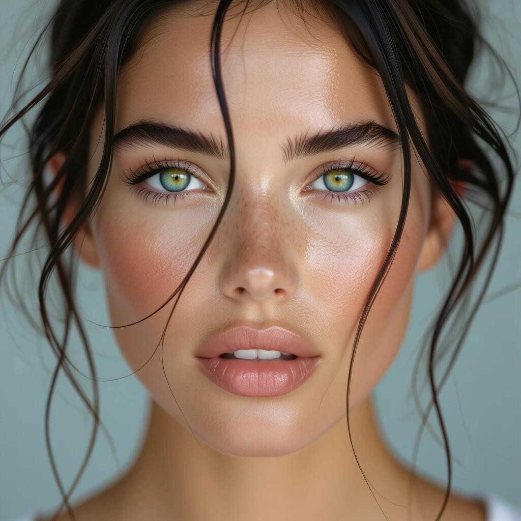 Rain-kissed strands of hair fall across a glowing face. Camera close up reveals beautiful skin and parted lips. Eyes absorb attention. Moment of stillness in a breath. Storm captured in the frame.