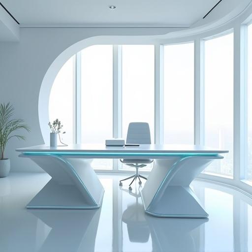 Futuristic minimalist elegant office. Front close-up of floating work table and ergonomic chair. Table and chair face the camera as if an invisible occupant is seated. White tones and chrome with blue details. General view of the full office slightly from above.