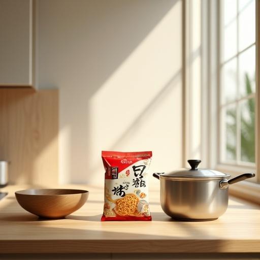 Image shows a clean and modern kitchen countertop with light oak surface. A red and gold noodle package stands prominently between a ceramic bowl and stainless steel pot. Soft natural light fills the space through a large window. Background features warm beige and cream tones with geometric patterns. Ample negative space enhances visual clarity. Shadows under the package and utensils are soft and realistic. Lighting highlights the package details effectively.