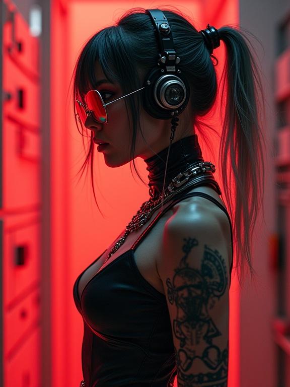 Cyberpunk atmosphere with a full body portrait of a girl android posed from the side. She has geometrical scars and cybernetic implants. Features include mirror glasses and tattoos. The setting is highly detailed with a red and black color scheme, reflecting a cinematic style and dynamic warrior pose. Influences from artists like Yoshitaka Amano.