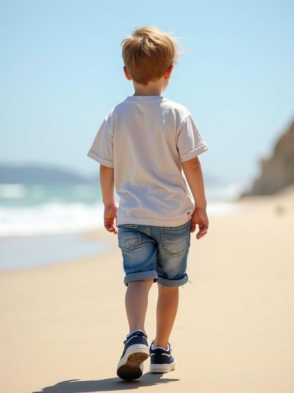 Little boy walking on sandy beach. He wears a light cotton T-shirt and denim shorts. Sneakers on his feet. Background includes ocean and shoreline.