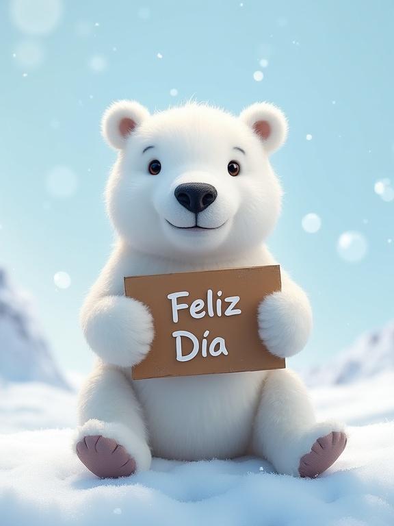 Polar bear sitting on snow holding a sign. The sign says Feliz Día in Spanish. Feelings of joy and warmth conveyed. Soft fur and bright smile on the bear.