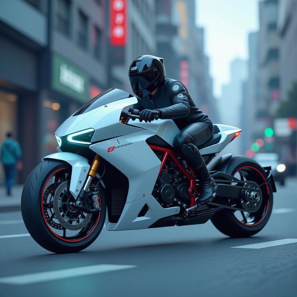 Futuristic motorcycle on city street. Rider wearing full gear. Urban environment with buildings and streetlights. Sleek and sporty design with futuristic elements.