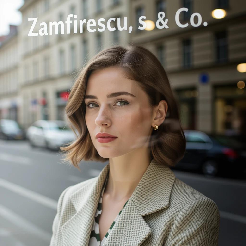 Shop window displaying Zamfirescu s & Co. Transparent text displayed on glass. Focus shift artifacts visible. Atmospheric condensation streaks enhance the setting. Subject posture appears relaxed. Forehead cropped by mirror frame. Cheekbones slightly overexposed. Vignette darker on the right edge.