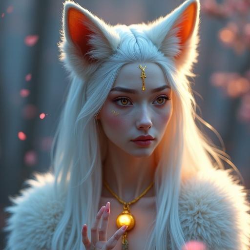A close-up portrait of a divine fox goddess. Fox-like traits include sharp golden eyes with vertical pupils, small nose, and golden markings. Soft skin transitions to white fur. Fluffy fox ears are part of long silken hair. She gazes ahead with intensity, lips slightly parted, holding a glowing bell. Cherry blossom petals drift in front. Background blurred, suggesting a twilight forest with glowing spirits.