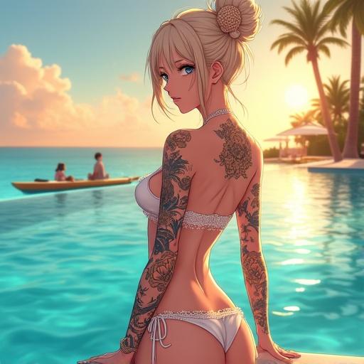 Anime character in a bikini by a luxurious infinity pool at sunset. She has frosted blue eyes and a high bun hairstyle. The character displays intricate tattoos. The setting is vibrant with palms and water.