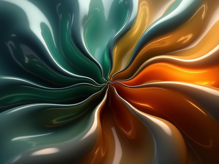 Abstract 3D rendering features swirling translucent forms. Shades of deep blue, green, orange, and brown create a sense of depth. Forms interconnected and overlapping evoke movement. Internal lighting gives a glossy reflective surface. Smooth gradients with subtle variations in color and texture. Lacking sharp edges, flowing lines and curves predominate. The composition feels dynamic and energetic. Color palette rich with dark tones and brighter accents.