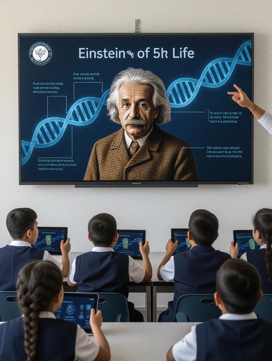 Wide shot of a classroom with a smart board. Smart board shows Einstein and a DNA strand. 25 students sitting with tablets. Students are looking surprised. Classroom is bright and modern. School branding is visible.