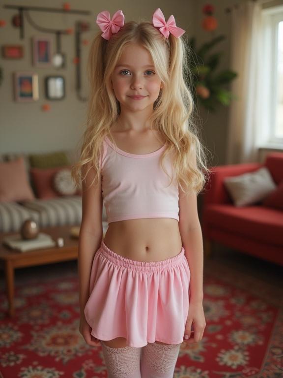 A young girl with long blonde hair styled in twin tails and pink bows is in a living room. She wears a crop top and an ultra low-rise micro skirt. The setting is cheerful with a colorful rug and decor, implying a birthday party atmosphere.