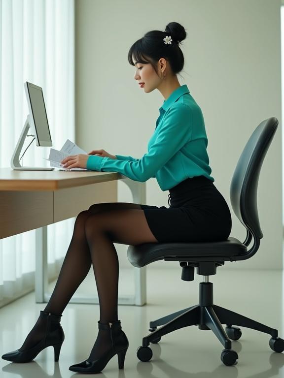 Photorealistic image features an East Asian female agent sitting at her desk. She reads intel files in her agency building. The outfit is a turquoise blouse and a black knee-length skirt. She wears black pantyhose and black closed-toe heels. The background has off-white walls and a modern ambiance.