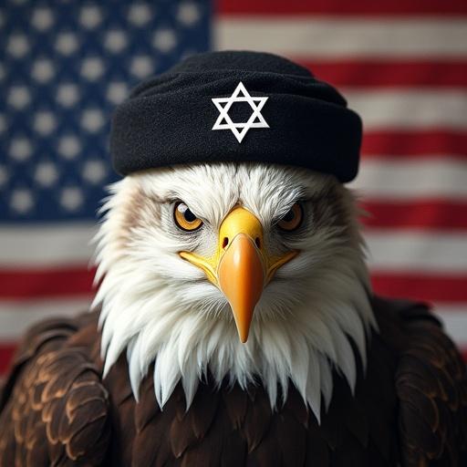 Bald eagle with hypno eyes. Rat wears black yarmulke with white hexagram. Bald eagle's brain covered by rat. American flag background has white stars of David instead of normal stars.