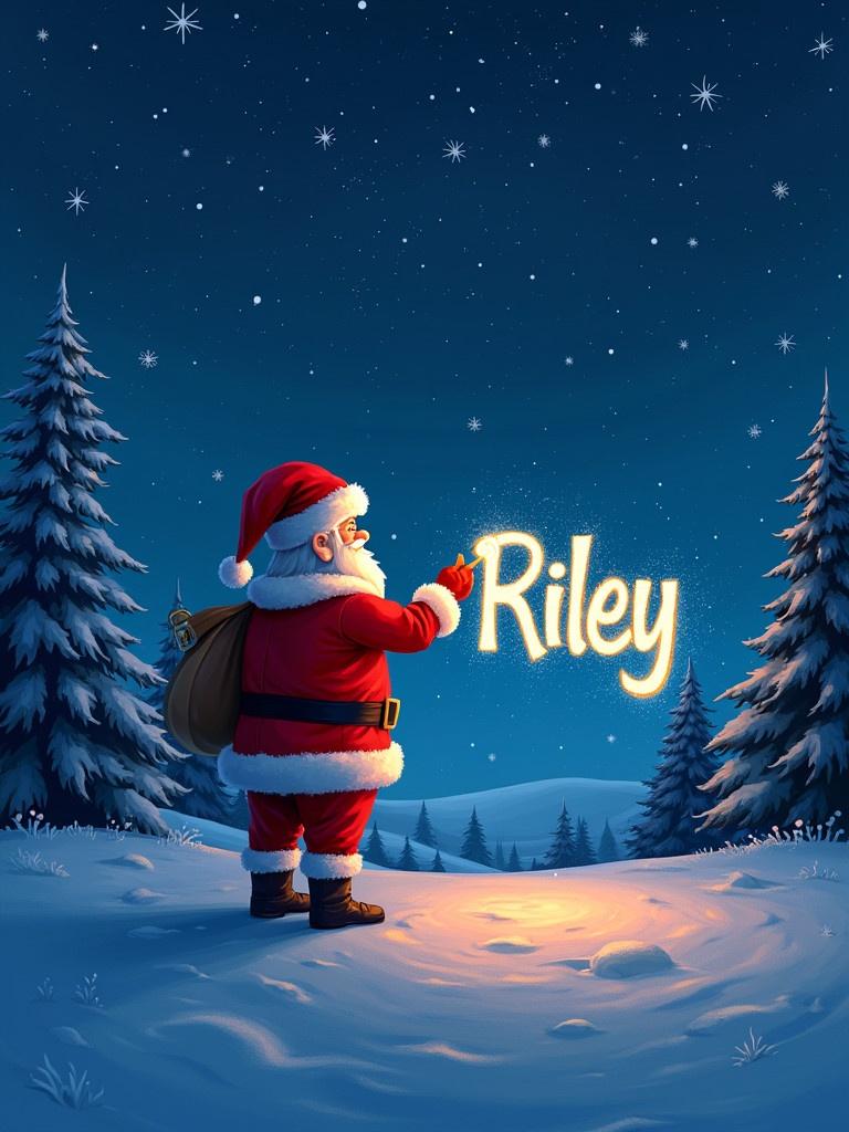 Santa Claus writes the name Riley in colorful glow pen in the night sky. Christmas theme. Snow covered ground and pine trees in the background. Magical winter scene.