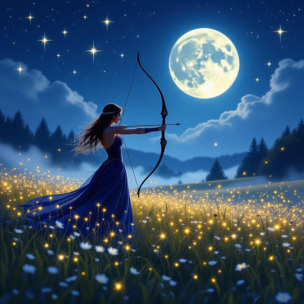 A moonlit archer stands in a glowing field of wildflowers. She wears a deep sapphire gown that trails through the grass. The archer draws a black-silver bow. Golden fireflies surround her. A massive full moon rises high in a clear sky. Soft silver fog drifts across the meadow and rolls between distant trees. Stars sparkle above in radiant cross shapes, twinkling like magical symbols. The atmosphere is serene and otherworldly.