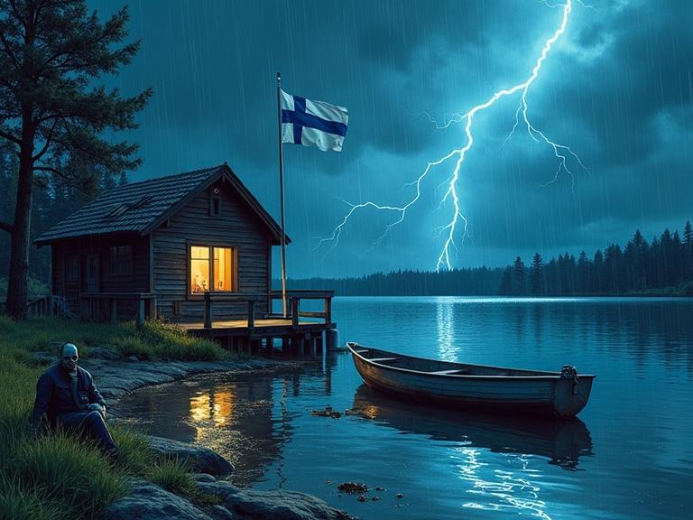 A cottage next to a lake in Finland. Rowboat partially submerged. Rain and lightning visible. Finnish flag on a flagpole. Pier beside boat. Jason Voorhees and Billy the puppet sit on pier. Style mirrors '80s G.I. Joe comics.