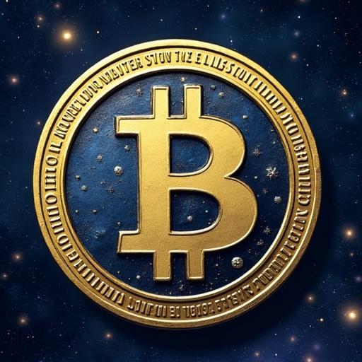 Coina de Bitcoin con diseño resaltado en el centro. Fondo de noche estrellada presenta colores saturados.