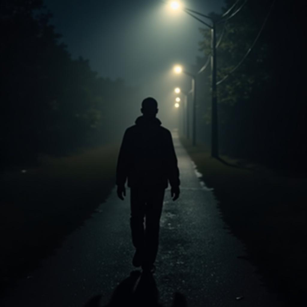 Outline of a man walking on a path at night. Soft lighting from streetlamps provides a mysterious ambiance. The scene appears blurry and atmospheric.