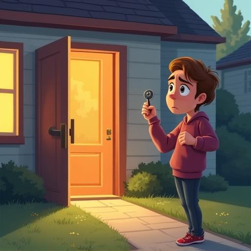 Person stands outside a closed front door holding a key looking panicked. Suburban house in background. Early morning lighting. Cartoon style.