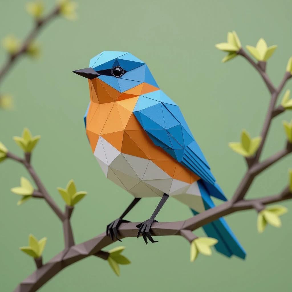 A colorful papercraft bluebird sitting on a branch against a light green background. The bird is made of triangular paper shapes and displays shades of blue, orange, and white. The branch has small green leaves.