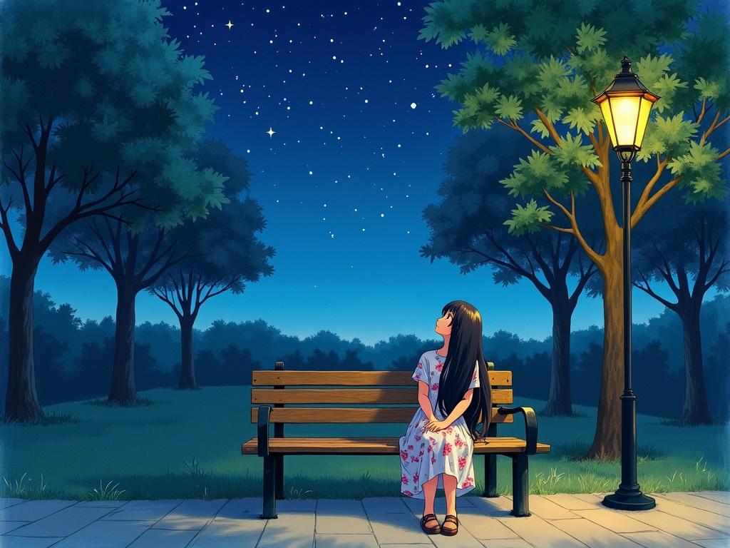 A girl with long dark hair in a floral summer dress sits on a wooden park bench. She gazes upward at a starry night sky filled with bright white stars. A street lamp casts a warm light over the scene. The park features a paved pathway and tall maple trees against the blue sky. Traditional painting style with soft brush strokes and anime influence.