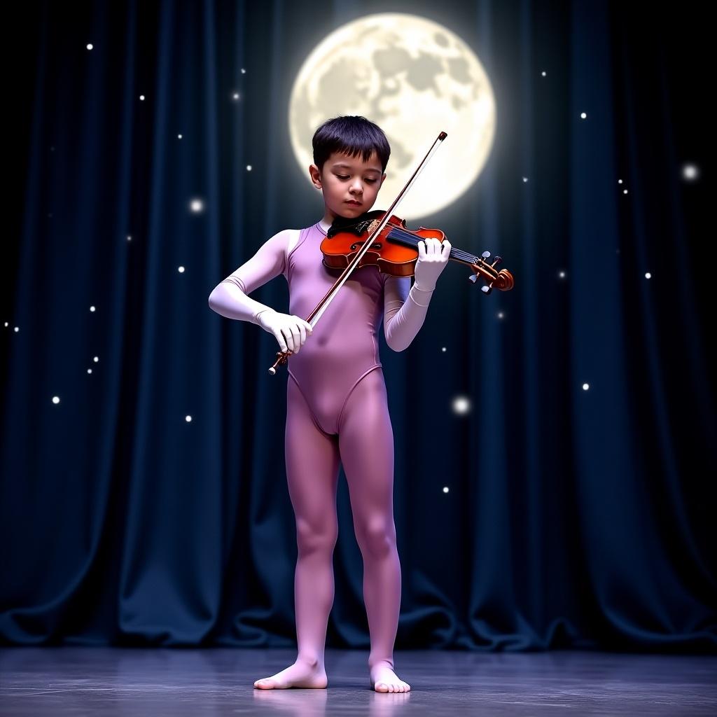 A young performer, around 11 years old, stands skillfully playing the violin. He is dressed in shiny dark lilac tights and a pink one-piece swimsuit with long sleeves, complemented by white stretchy gloves. The background features flowing dark curtains, creating a serene atmosphere. Above him, a large, luminous moon casts a beautiful glow over the scene. His focused expression highlights his dedication, blending elements of gymnastics and music, emphasizing the grace of artistic talent.