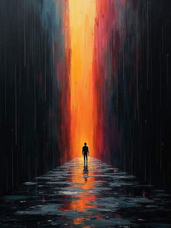 Digital oil painting with harsh paint strokes on a black background. Features cubism and unfinished elements. Shows a unique silhouette design in a minimalist style. Formless shifting voids of color present. Visual layers create shadows with futurist style rain eroding the floor into a fractured void.