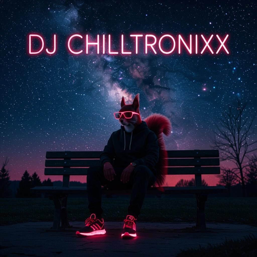 Artistic album cover design featuring a cool squirrel character in stylish urban attire. Sitting on a park bench under a vast dark sky filled with a nebula. The figure wears all black neon runners and sunglasses. Futuristic styled text reads DJ Chilltronixx above.