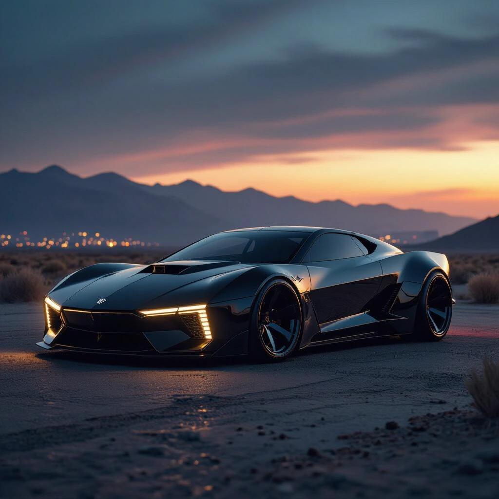 A parked angular black concept futuristic funnycar low rider. The car is showcased in an epic outdoor scenery at sunset giving dark vibes. Raw photo capturing the unique design and atmosphere.
