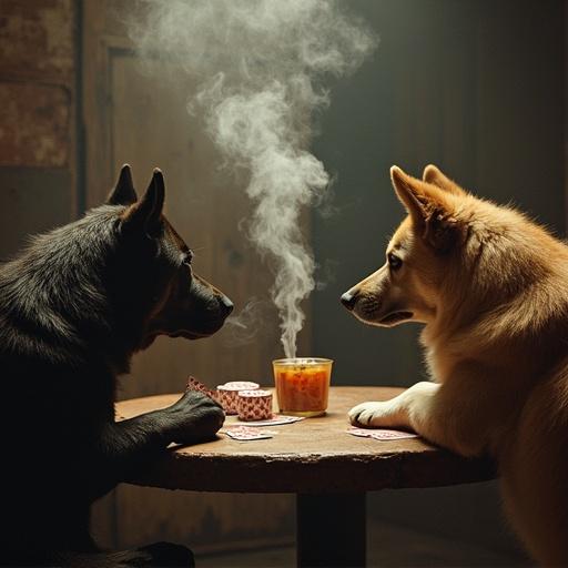 Dogs at a table playing poker. One dog drinks and the other smokes. Studio Ghibli style. Warm lighting ambiance. Two rough dogs focused on a game of cards.