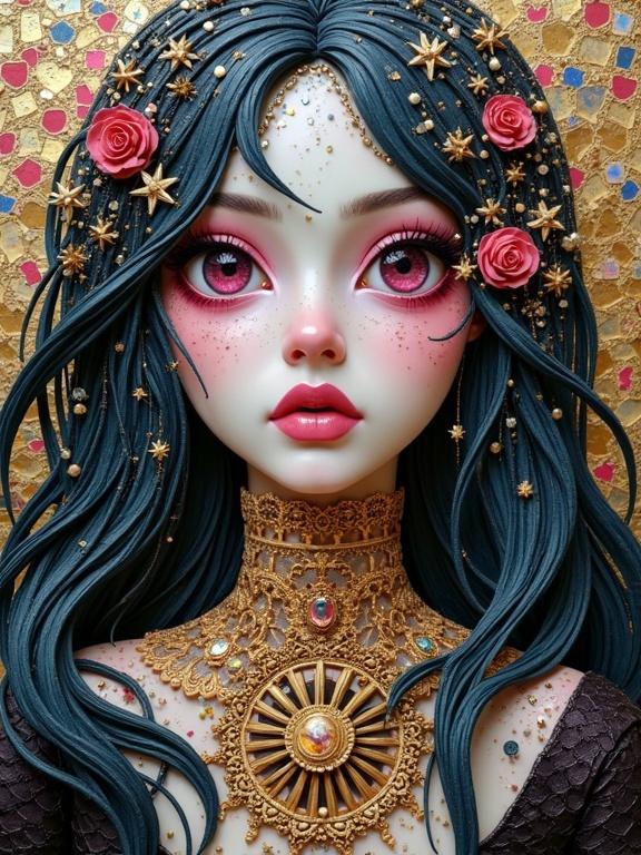 A fantasy character with pink and black gothic eyes. She has a gold filigree corset. The background is a mosaic of iridescent tiles. Her tears are pearls, and a café mirror shows diverse outcomes. Bubbles in her drink contain mini universes.