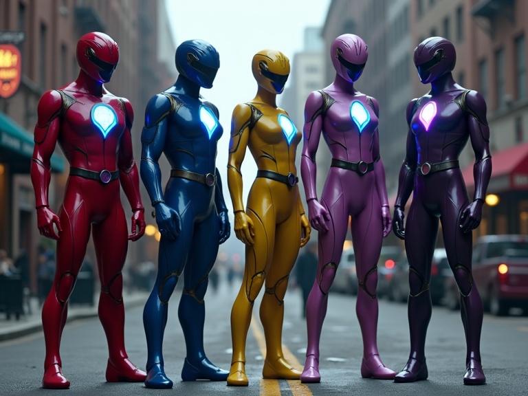Five Power Rangers standing together on a detailed American town street. Their suits feature sleek smooth lines and glowing elements. Each ranger displays unique colors. The scene captures a mix of urban life with people and vehicles around.