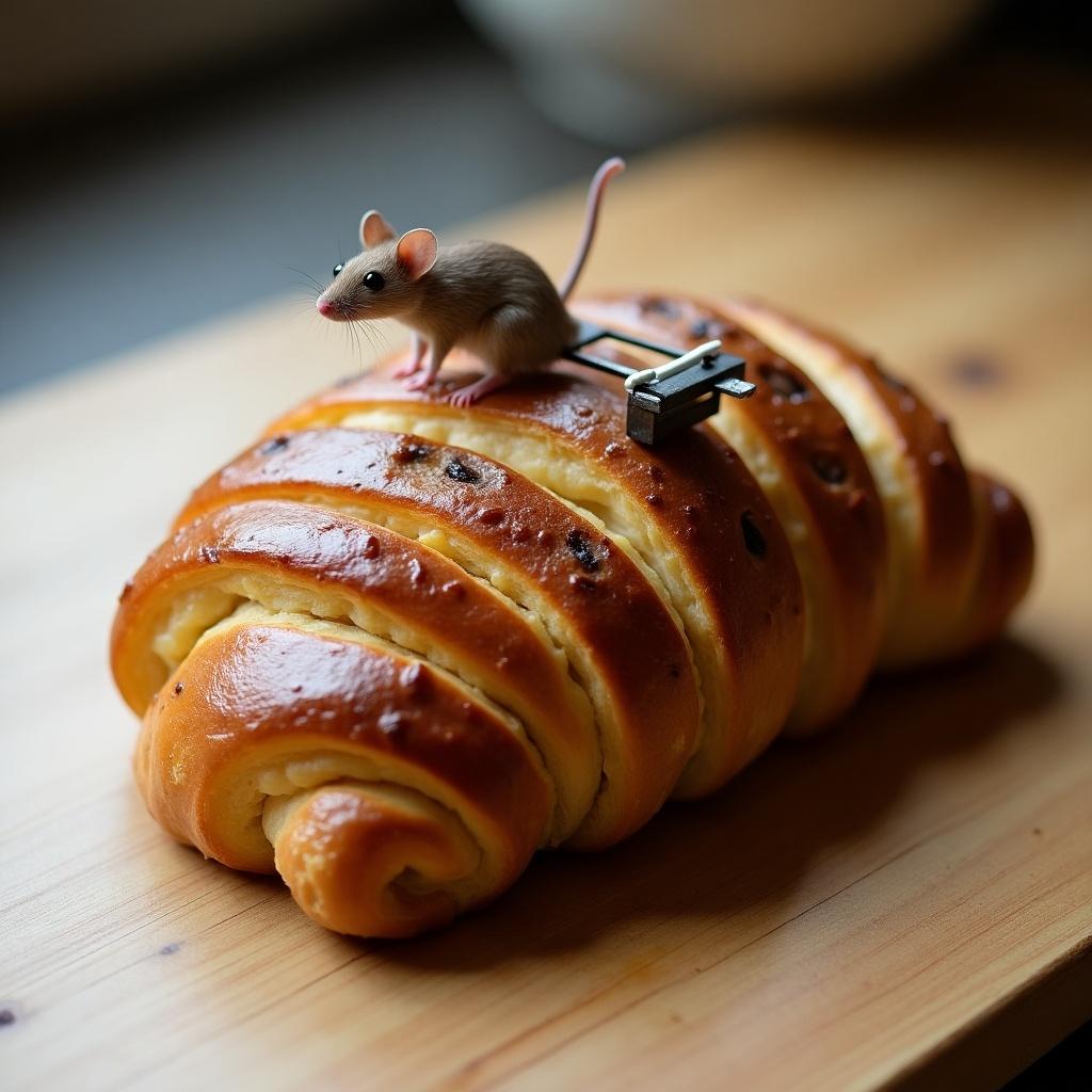 A mouse is perched on a sweet pastry known as Rosinenschnecke. The scene is set on a wooden surface highlighting the details of the pastry and the mouse.