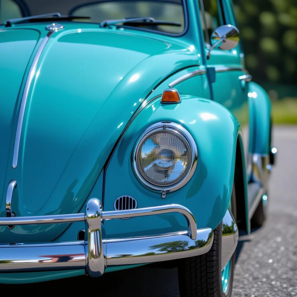 High-quality archival image featuring a classic Volkswagen Beetle in custom turquoise paint. Vintage car occupies most of the image and showcases sharp details and vibrant colors. The background consists of ocean waves with a long exposure effect.