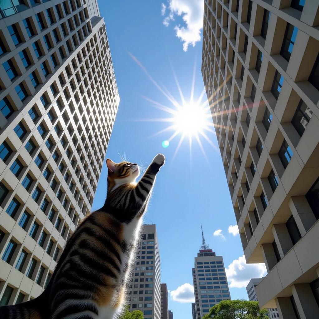 Photo of a giant cat playing with buildings. The scene is captured from the ground, looking up. The cat reaches towards the sun. Shadows cast onto buildings. Emphasizes scale and visual appeal.