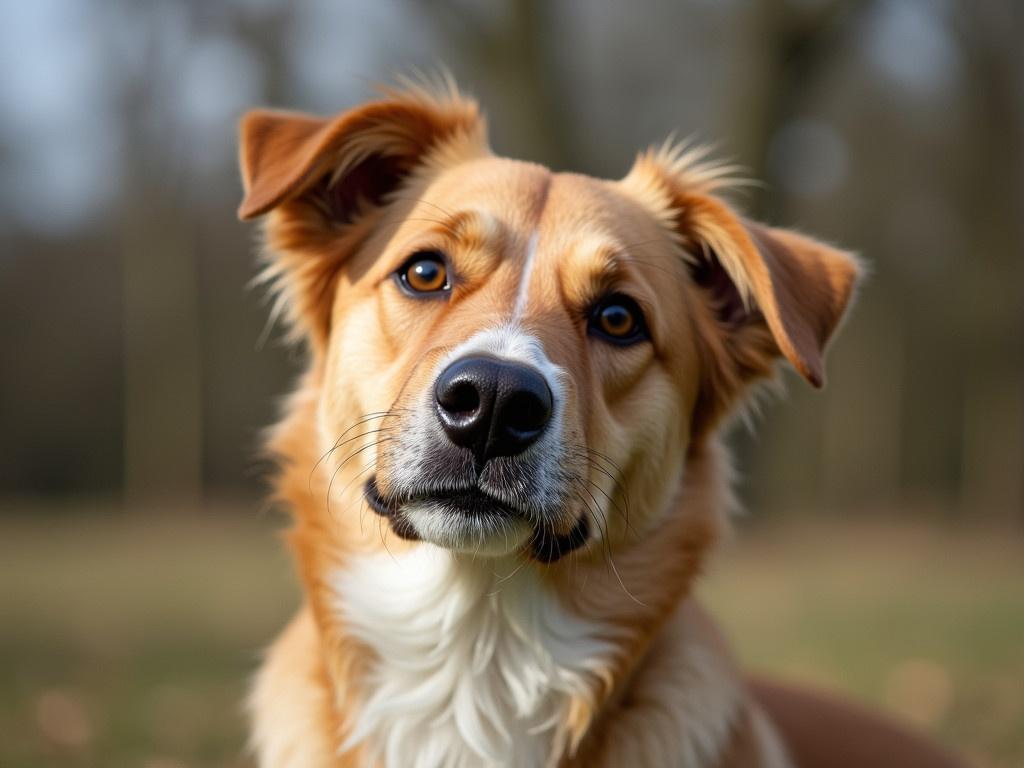 A dog tilts its head. This image captures the curiosity of a dog looking at something interesting. The dog has a golden and white fur coat. The background is softly blurred and shows a green outdoor setting.