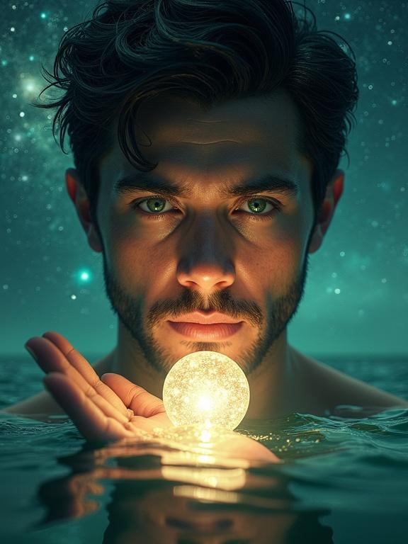 The image features a wise man with dark green eyes and short black hair. He holds a glowing cosmic sphere in his hand. The scene reflects a calm water surface under a star-filled cosmic sky. The atmosphere evokes mystery and spirituality.