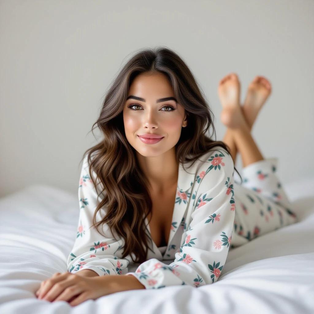 A young woman between 20 and 26 years old with straight black hair wearing pajamas. She is lying face down on the bed with her feet elevated, looking towards the camera. The woman has thin lips, thin eyebrows, and voluminous eyelashes. She has a fine nose and chin. Her almond-shaped brown eyes convey a flirtatious and seductive gaze.
