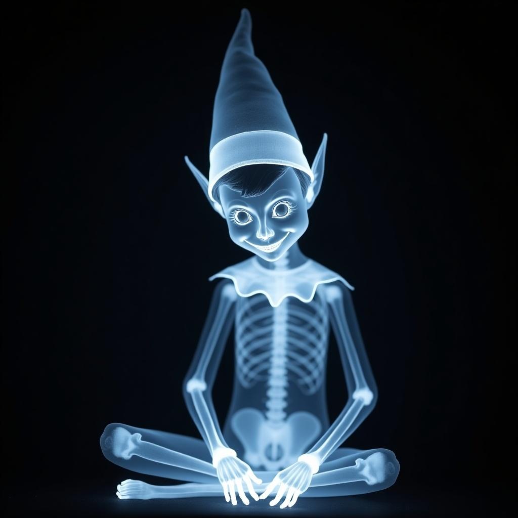 X-ray image depicting an elf on the shelf in a seated position. The image showcases the skeletal structure, emphasizing a whimsical design while maintaining a holiday theme.