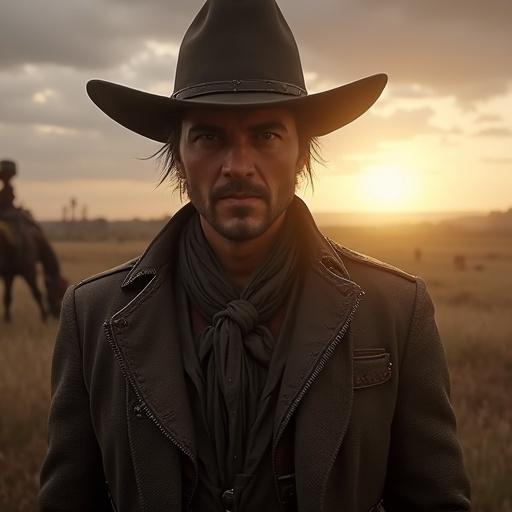 Character resembles a cowboy. Wearing a hat and traditional cowboy clothing. A background shows a sunset. A western landscape.