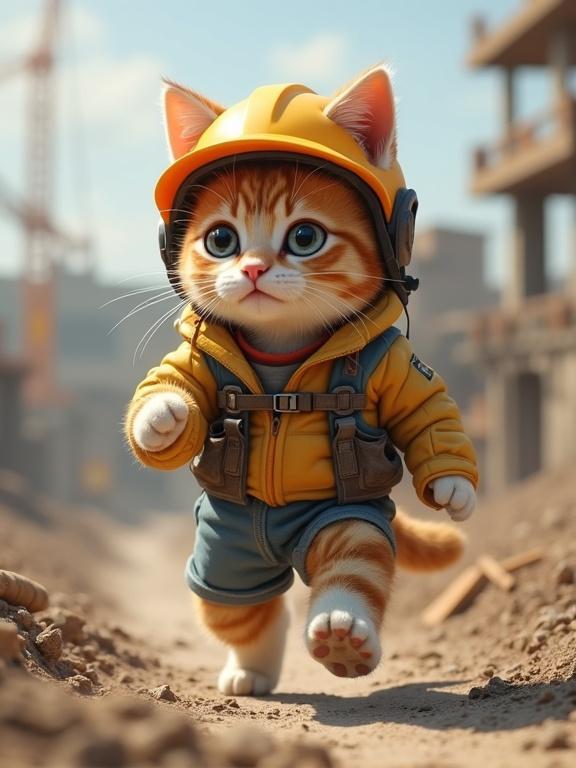 Realistic cat wearing helmet and clothes on a construction site running in motion from the side