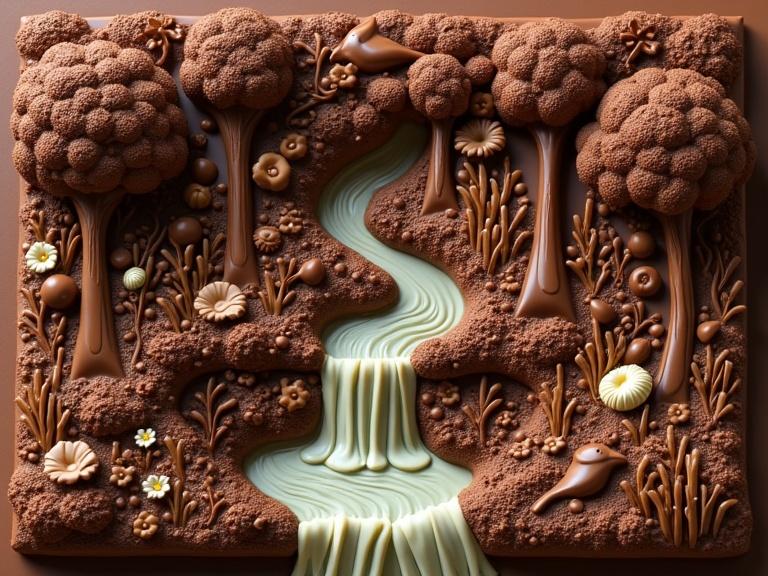 Victorian chocolate maze design featuring intricate chocolate trees, a flowing chocolate river, a waterfall with flowing chocolate water, edible chocolate flowers, chocolate grass, and playful chocolate birds and squirrels. All elements crafted from chocolate in rich browns and tans.