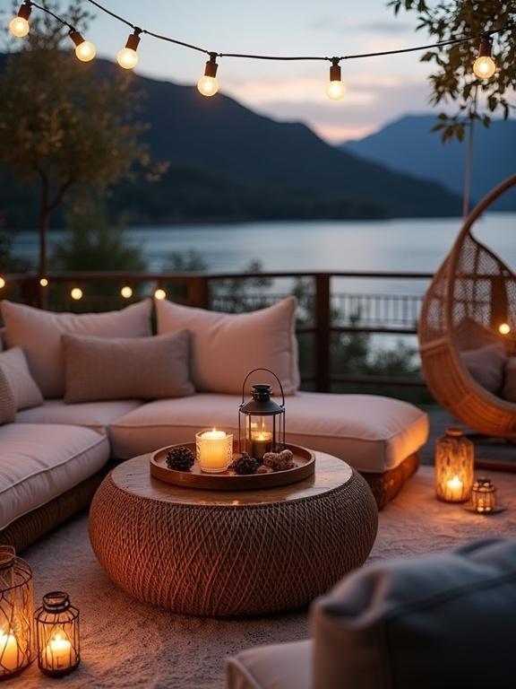 Image shows outdoor lakeside deck lounge during twilight. Features woven round coffee table and sectional sofa. String lights and lanterns provide soft lighting. Natural elements like plants and wooden decking present. Calm lake and mountains in background enhance serene vibe.