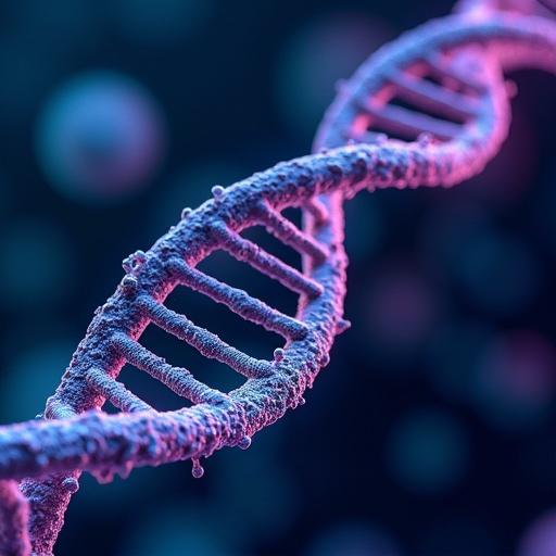 Create a visually striking tech-inspired illustration showcasing the mechanism of an RNA probe. Features a unique double reverse-bracket structure and a proprietary signal amplification system. Focus on detail and aesthetics.