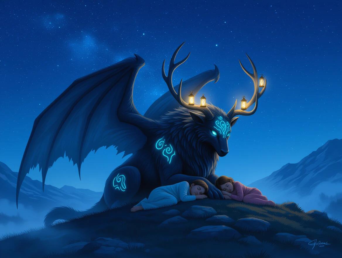 Shadowy winged beast with glowing markings. Antlers lit with tiny lanterns. Children curled asleep against its side. Resting on hilltop beneath starry sky. Mist around feet. Fierce but watchful expression. Fantasy guardian creature. Night-time scene. Soft blue light. Emotional and ultra-detailed.