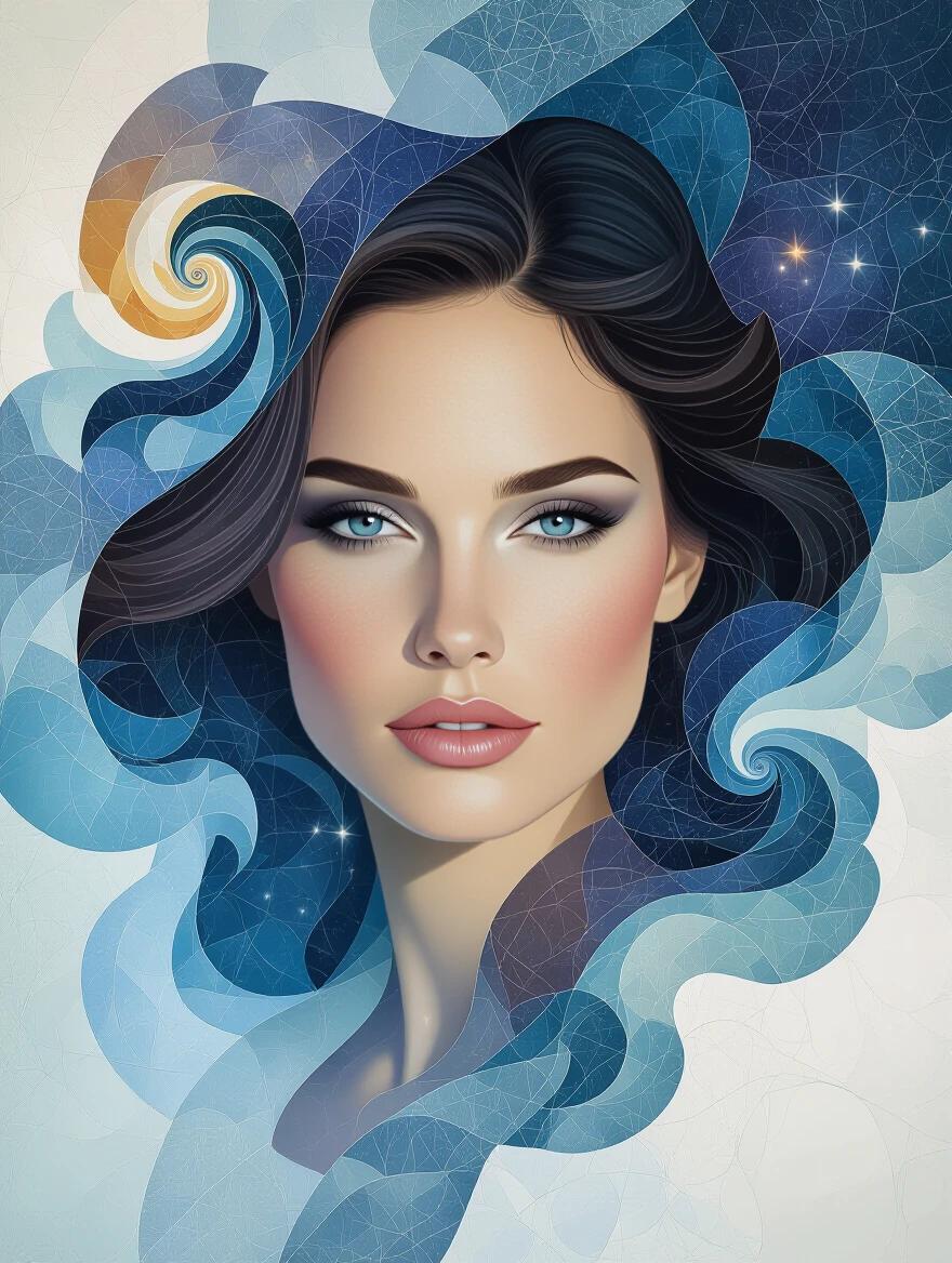 A serene female figure emerges from a swirling galactic environment. The artwork features a surreal star nursery and a milky way swirl. It showcases a bohemian patchwork collage style with quilted textures and layered abstract elements. The color palette is monochromatic with soft smokey backgrounds and an ethereal glow. This digital illustration embodies the styles of various renowned artists.