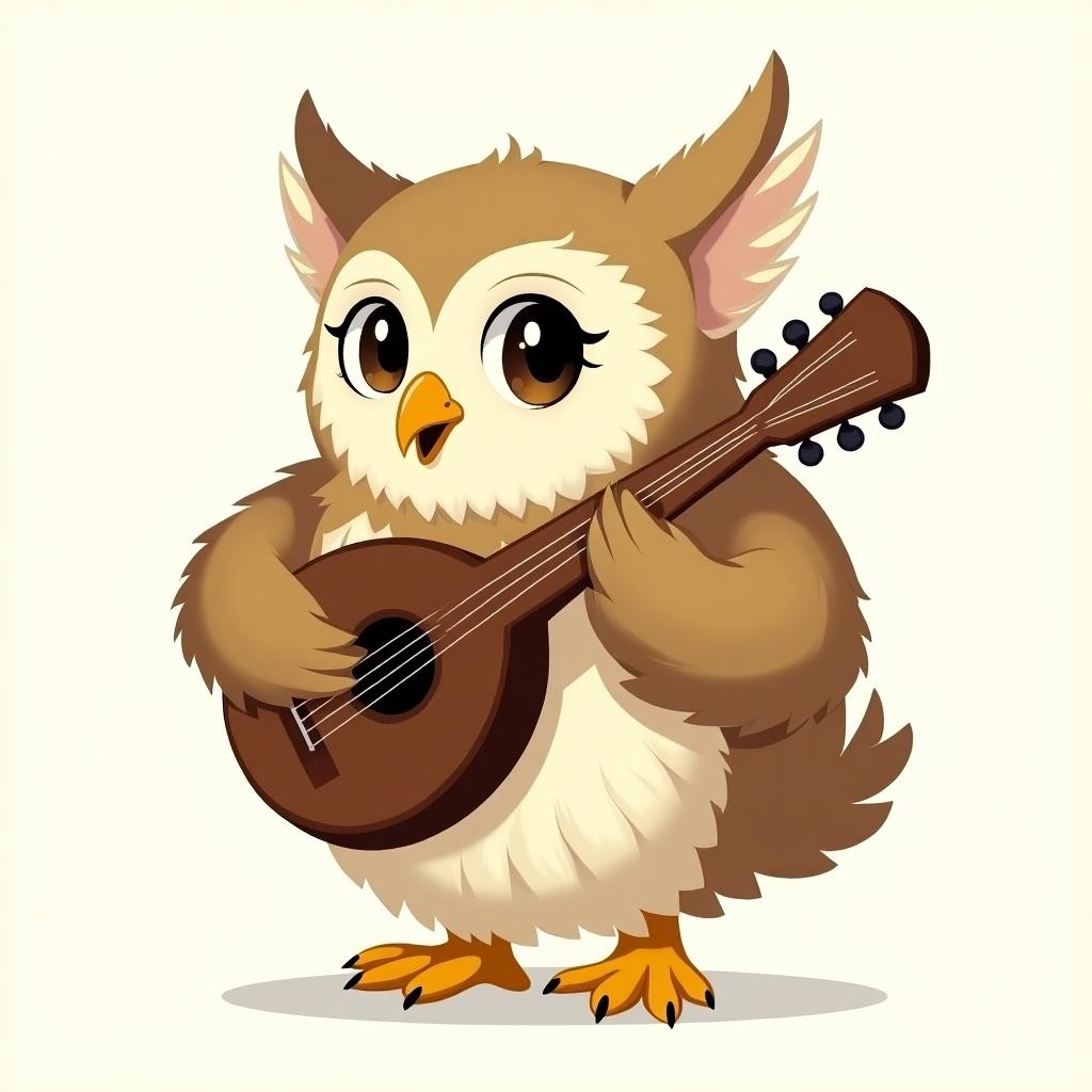 Anthropomorphic owl character. Holds a lute. Round body with big eyes and small beak. Tawny plumage with yellow feet. Simple outline design.