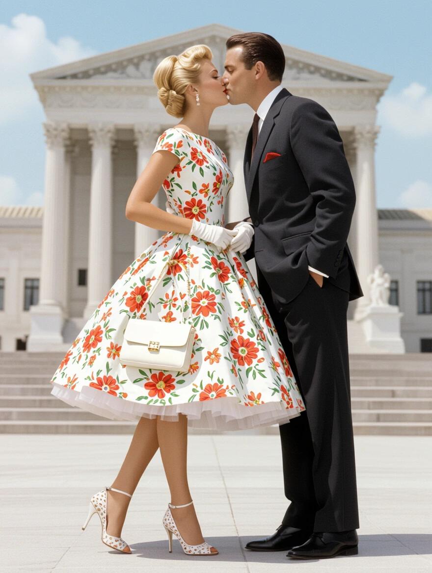 1960s era romantic scene. Front view of a couple kissing at a courthouse. Woman with updo blond hair. Floral sundress with petticoats. Man in formal suit. Woman's legs and very high heels visible. White purse present.